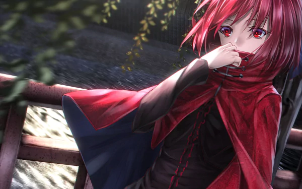 HD anime desktop wallpaper featuring Sekibanki from Touhou, showcasing her red hair and cloak in a detailed, atmospheric setting.