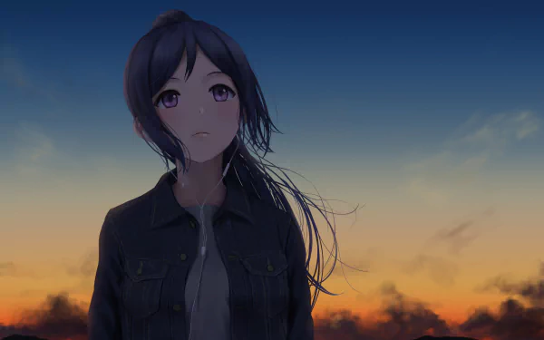 HD PC desktop wallpaper featuring Kanan Matsuura from the anime Love Live! Sunshine!! against a serene sunset sky.