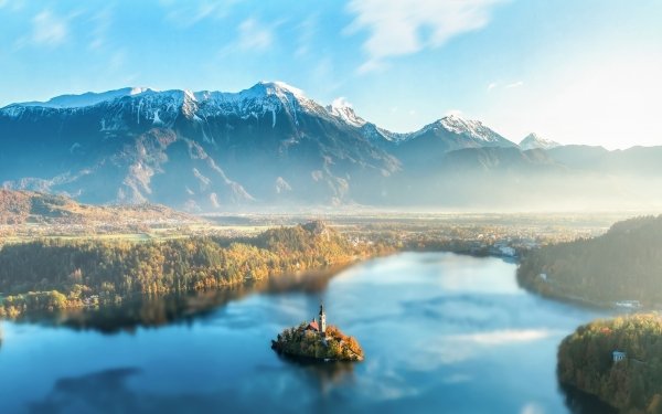Religious Assumption of Mary Church Churches Mountain Lake Slovenia Lake Bled Landscape HD Wallpaper | Background Image