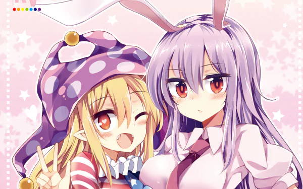 HD PC wallpaper of Touhou characters Reisen Udongein Inaba and Clownpiece: purple‑haired, bunny‑eared Reisen beside winking Clownpiece in a colorful jester hat on a pink starry background.