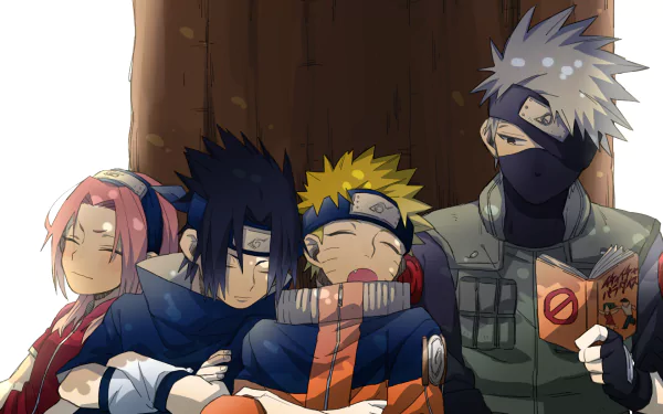 HD wallpaper featuring Naruto Uzumaki, Sasuke Uchiha, Sakura Haruno, and Kakashi Hatake from the anime Naruto. The characters are relaxing with Kakashi reading a book.