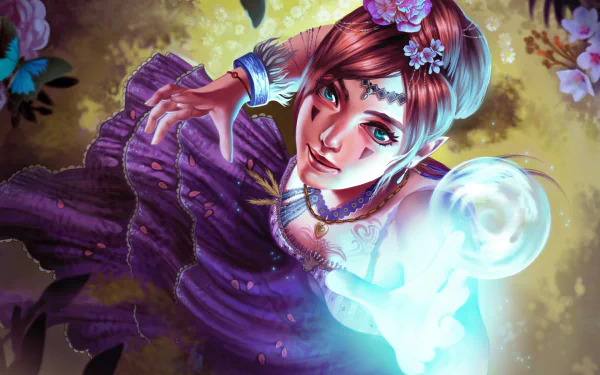 HD PC desktop wallpaper of a brown-haired woman with aqua eyes and a tattoo, in a flowing purple dress, reaching toward a glowing magical orb in a fantasy scene.