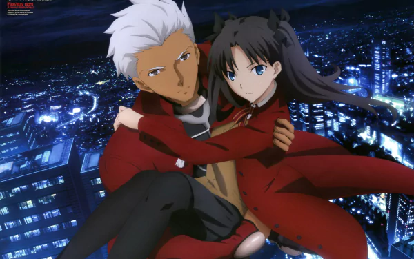 HD desktop wallpaper featuring Rin Tohsaka and Archer from Fate/Stay Night: Unlimited Blade Works, set against a night cityscape background.