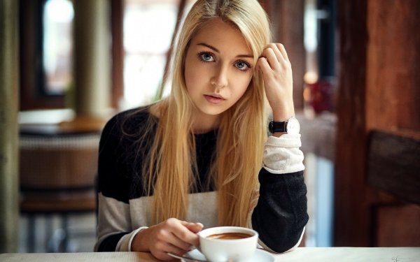 Women Model Blonde Coffee Depth Of Field Hair Blue Eyes HD Wallpaper | Background Image