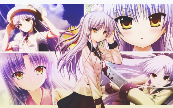 HD desktop wallpaper featuring Kanade Tachibana from the anime Angel Beats!, displaying various scenes and expressions of the character with her distinct light purple hair and golden eyes.