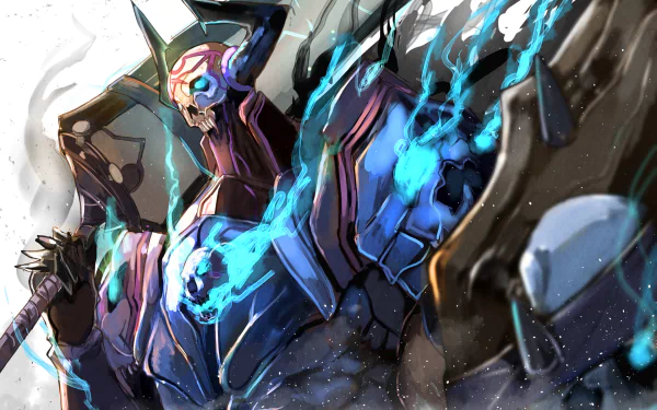 HD desktop wallpaper featuring King Hassan from Fate/Grand Order anime. The image depicts him in dark armor with glowing blue energy, wielding a large sword, creating a dramatic and intense background.