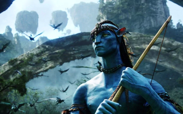 Jake Sully, with pointed ears, long brown hair, and yellow eyes, stands wielding a bow on a floating island, surrounded by flying creatures in a vivid landscape from the movie Avatar.
