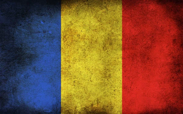 HD PC desktop wallpaper featuring a textured, grunge-style flag of Romania with vertical blue, yellow, and red stripes.