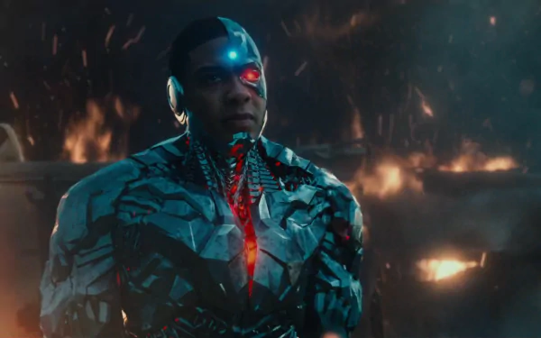 HD PC desktop wallpaper featuring Cyborg from DC Comics, portrayed by Ray Fisher in the Justice League movie, with glowing cybernetic details against a fiery background.