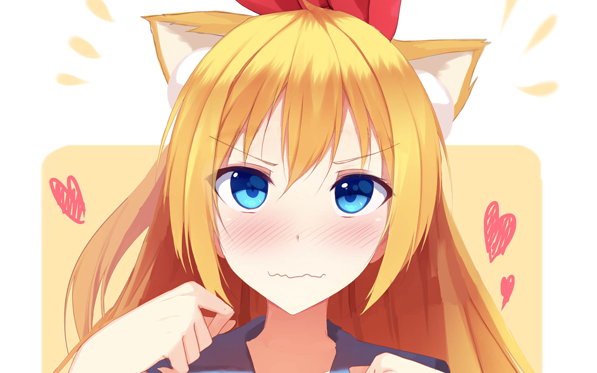 Chitoge Kirisaki (Nisekoi) anime HD PC desktop wallpaper: blushing, blue-eyed girl with cat ears, long blonde hair and red bow, playful hearts.