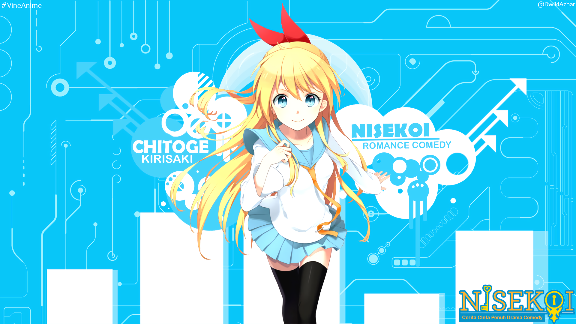 HD PC desktop wallpaper of Chitoge Kirisaki from Nisekoi — blonde anime girl with red ribbon and school uniform against a bright blue, circuit-patterned background with the series logo.