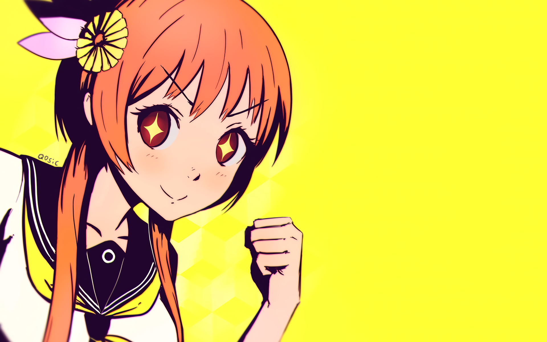 HD PC desktop wallpaper of Marika Tachibana from Nisekoi: orange-haired anime girl in a school uniform smiling with a raised fist against a bright yellow background.