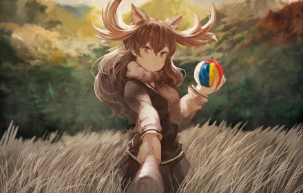 HD anime desktop wallpaper featuring Moose from Kemono Friends holding a colorful ball, set against a natural, grassy background with warm, muted tones.