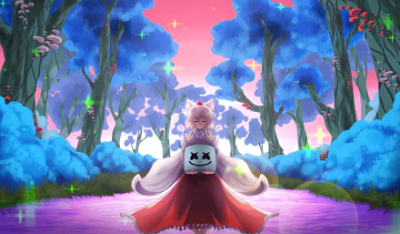 Anime-style HD desktop wallpaper featuring Momiji Inubashiri from Touhou, blending with Marshmello (DJ) in an enchanting forest landscape, exuding an electronic music and EDM crossover vibe.