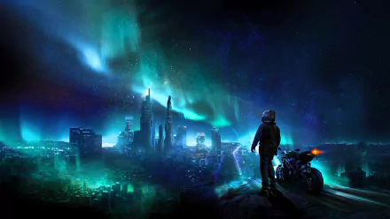 Futuristic sci-fi cityscape at night with a helmeted figure next to a motorcycle and vibrant aurora borealis lighting up the sky. HD desktop wallpaper background.