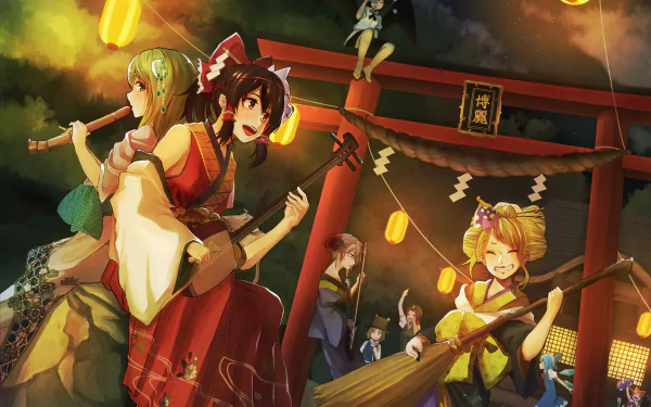 HD PC desktop wallpaper featuring Aya Shameimaru, Suwako Moriya, Sanae Kochiya, Marisa Kirisame, Sakuya Izayoi, Suika Ibuki, Hong Meiling, Reimu Hakurei, and Cirno from Touhou in a festive nighttime scene.