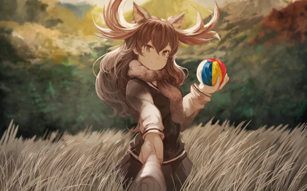 HD anime desktop wallpaper featuring Moose from Kemono Friends holding a colorful ball, set against a natural, grassy background with warm, muted tones.