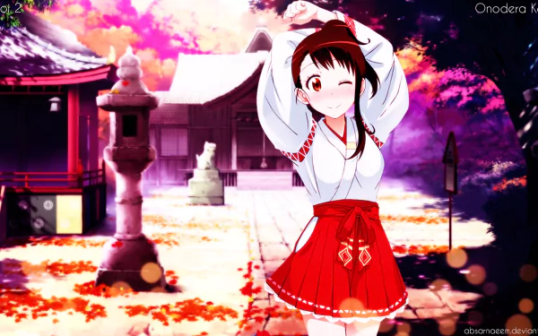 HD PC desktop wallpaper featuring Kosaki Onodera from the anime Nisekoi, set against a vibrant, colorful shrine background with autumn leaves.