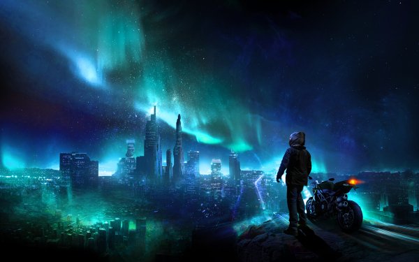 Science Fiction Ville Aurore Boréale Lumière Cityscape Nuit Helmet Motocycle Futuriste Fond d'écran HD | Image