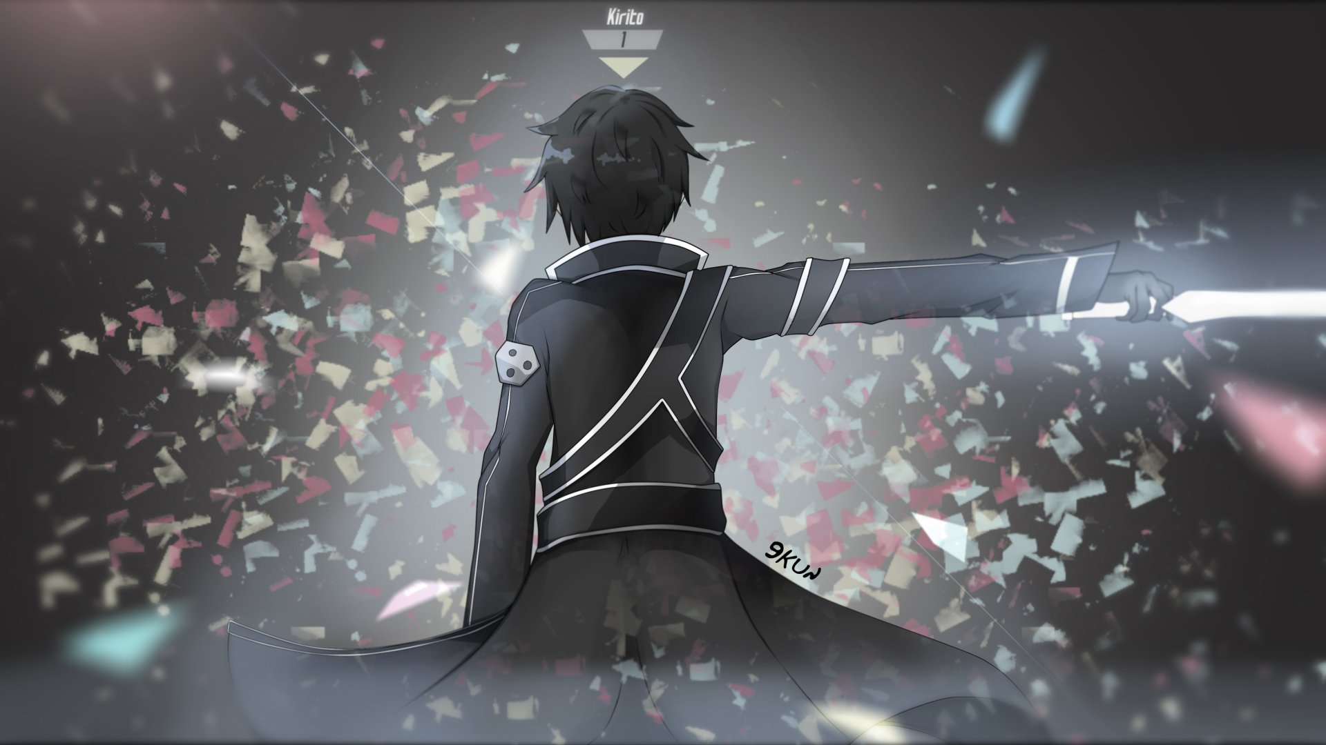 HD wallpaper featuring Kirito from Sword Art Online, depicted from behind with a drawn sword amid colorful particles.