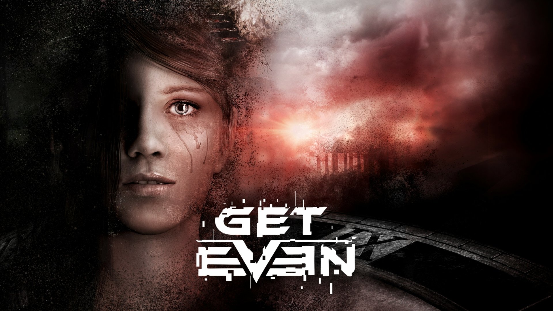 4K Ultra HD PC wallpaper featuring a close-up of a woman's face with eerie lighting and the title Get Even from the video game, set against a dark, smoky background.