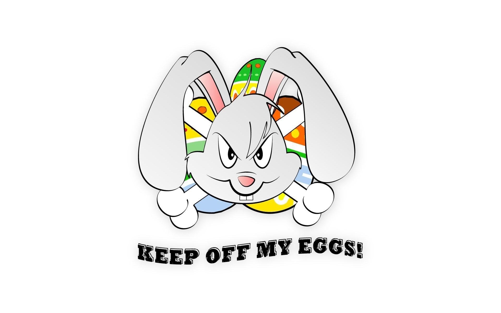 HD desktop wallpaper featuring an angry bunny holding colorful Easter eggs with the text KEEP OFF MY EGGS! for a bold holiday Easter theme.