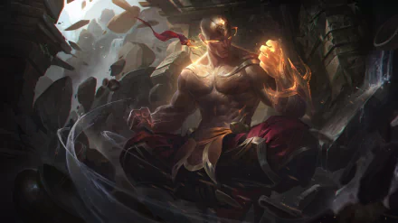 HD desktop wallpaper featuring Lee Sin from League of Legends, representing the Ionia region. The scene highlights his martial prowess and mystical energy amidst a dynamic and intense backdrop.