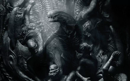 HD desktop wallpaper featuring a detailed and eerie scene from the movie Alien: Covenant, showcasing an array of aliens emerging from the darkness.