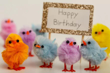 HD desktop wallpaper featuring colorful, fluffy chicks gathered around a glittery sign that reads Happy Birthday, creating a festive holiday atmosphere.