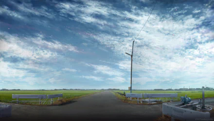 HD PC desktop wallpaper featuring an original anime-style scene of an open rural road under a dramatic cloudy sky.