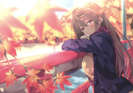 HD desktop wallpaper featuring Haruna from Kantai Collection (Kancolle), set against a backdrop of vibrant autumn leaves and warm sunlight.