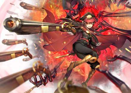 HD wallpaper featuring Demon Archer from Fate/Grand Order in an action pose with vibrant, fiery background. This anime-themed image showcases the character's dynamic and striking design.