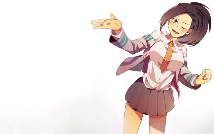 HD desktop wallpaper of Momo Yaoyorozu from My Hero Academia, featuring the character in a school uniform against a plain background.