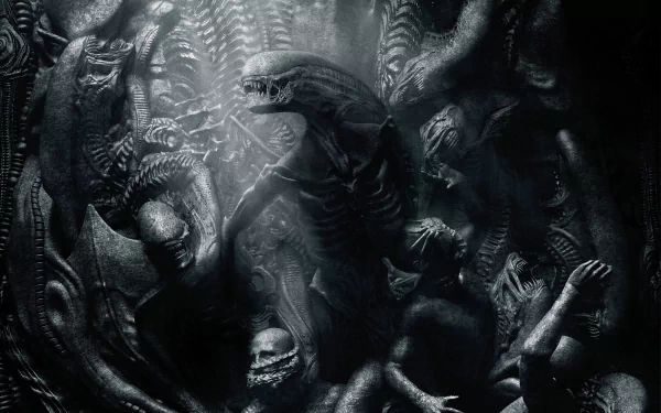 HD desktop wallpaper featuring a detailed and eerie scene from the movie Alien: Covenant, showcasing an array of aliens emerging from the darkness.