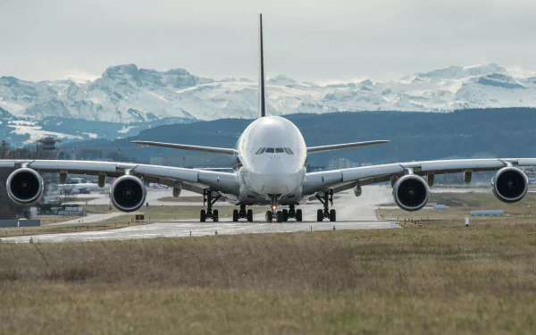 HD desktop wallpaper featuring an Airbus A380 passenger plane on the runway, set against a backdrop of majestic snow-capped mountains.