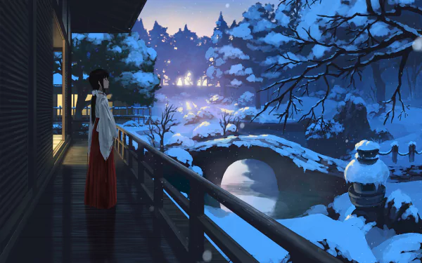 A serene anime scene depicting a character in Miko attire standing on a veranda overlooking a snowy landscape with a bridge and distant lights. This HD desktop wallpaper exudes tranquility and tradition.