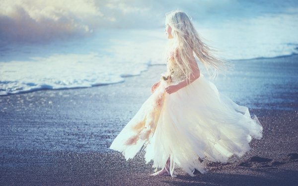 Photography Child Little Girl Dress White Dress Blonde Beach Sand Sunny HD Wallpaper | Background Image