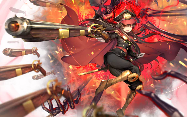 HD wallpaper featuring Demon Archer from Fate/Grand Order in an action pose with vibrant, fiery background. This anime-themed image showcases the character's dynamic and striking design.