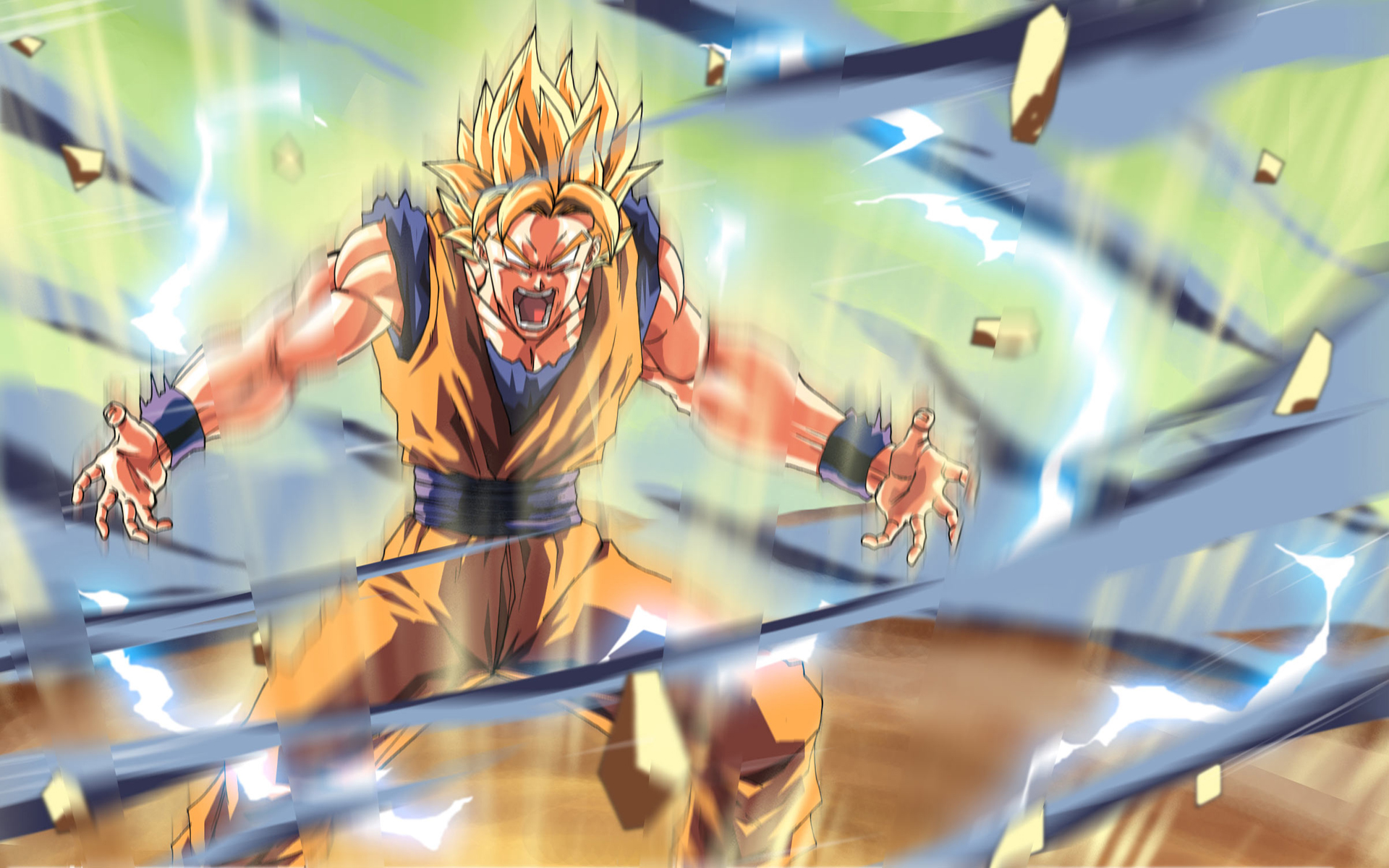 Powerful Goku showcasing Super Saiyan 2 transformation