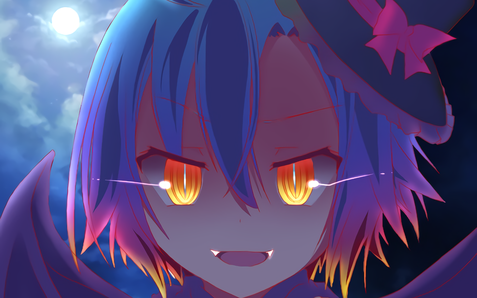 HD PC desktop wallpaper featuring an anime character from No Game No Life with glowing orange eyes and blue hair, set against a moonlit night sky.