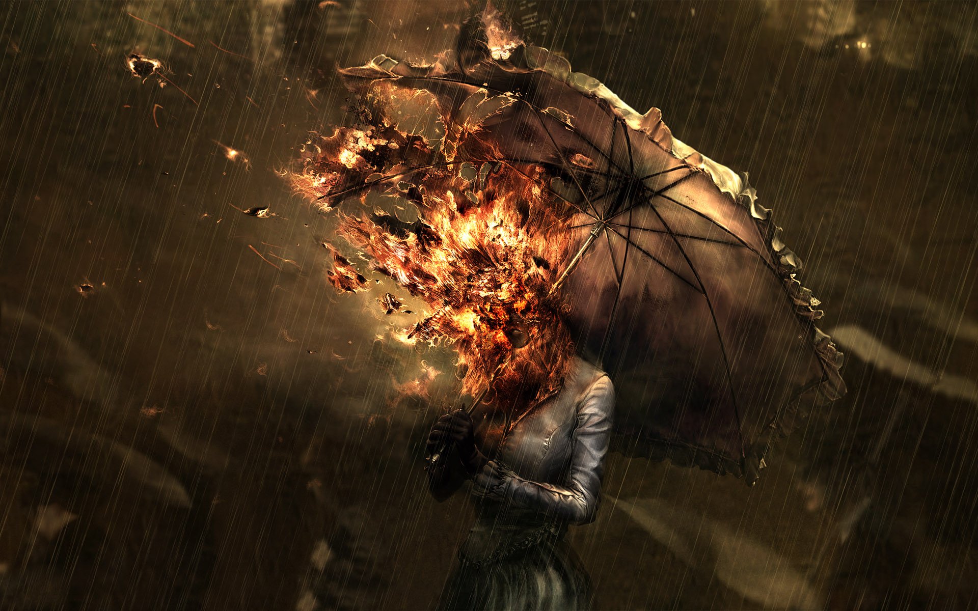 An artistic abstract depiction of a figure holding an umbrella, surrounded by rain, where the umbrella dramatically erupts in flames, creating a striking HD desktop wallpaper.