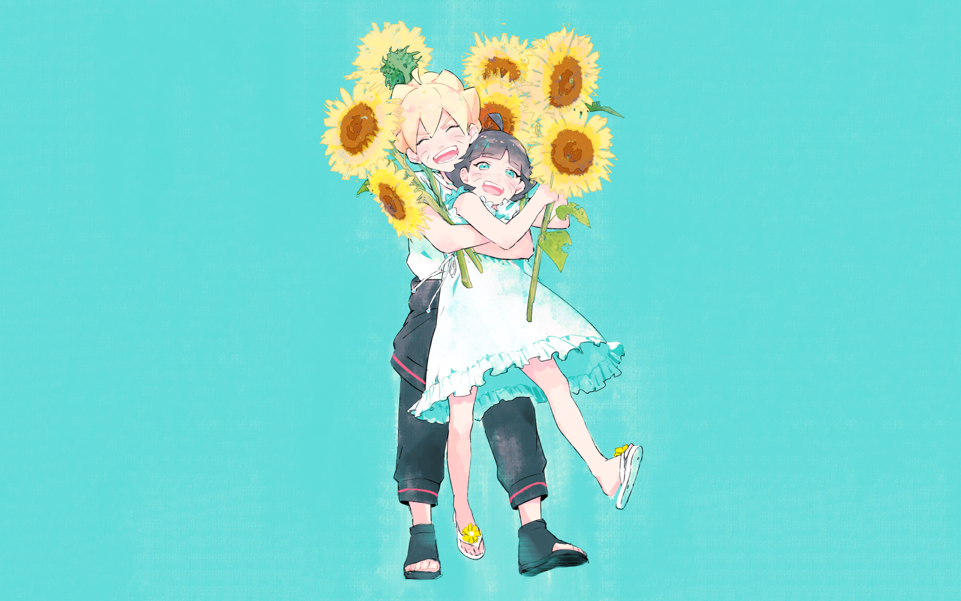 HD desktop wallpaper featuring anime characters Himawari Uzumaki and Boruto Uzumaki from Boruto, hugging with bright sunflowers against a teal background.