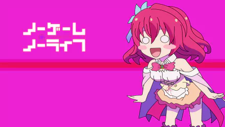HD PC desktop wallpaper featuring a chibi-style Stephanie Dola from the anime No Game No Life on a bright pink background with stylized Japanese text.