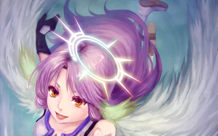 HD anime desktop wallpaper featuring Jibril from No Game No Life with vibrant purple hair, glowing halo, and detailed wings in dynamic pose.