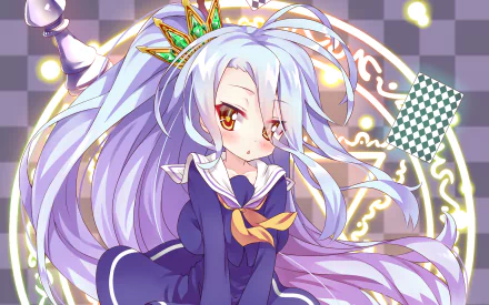 HD desktop wallpaper featuring Shiro from the anime No Game No Life. Shiro is depicted in her original costume with long blue hair and a crown, set against a checkered background with vibrant details.