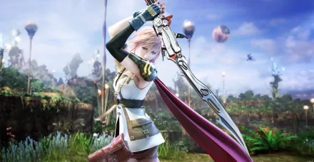 A high-definition desktop wallpaper featuring Claire Farron from Final Fantasy XIII, poised heroically with her sword against a vibrant, otherworldly backdrop.