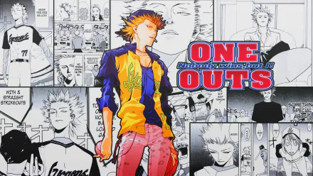 Anime One Outs HD PC desktop wallpaper: fiery-haired pitcher in a colorful jacket stands before black-and-white manga panels, series logo to the right.