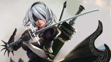 HD desktop wallpaper featuring YoRHa No.2 Type B from the video game NieR: Automata, depicted with a blindfold and katana.
