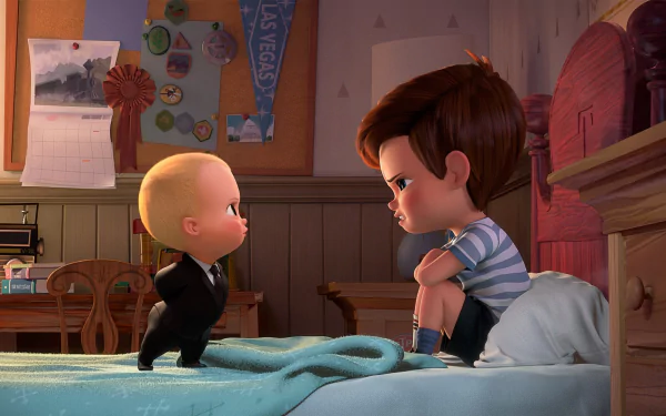 HD wallpaper featuring characters Theodore Templeton (Boss Baby) and Tim Templeton from the animated movie The Boss Baby, in a bedroom setting, facing each other.