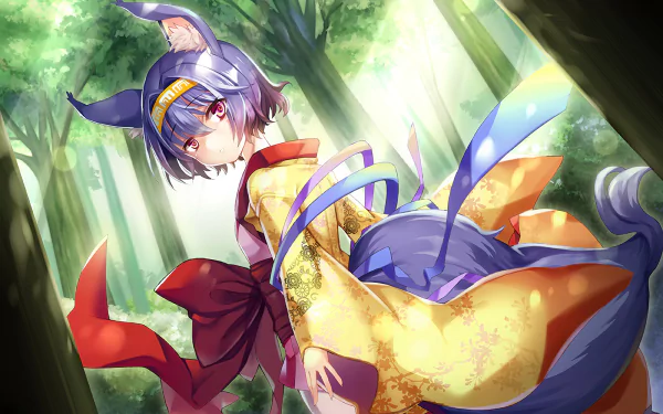 An HD desktop wallpaper featuring Izuna Hatsuse from the anime No Game No Life. She stands in a lush forest, with sunlight filtering through the trees, showcasing her vibrant and dynamic appearance.